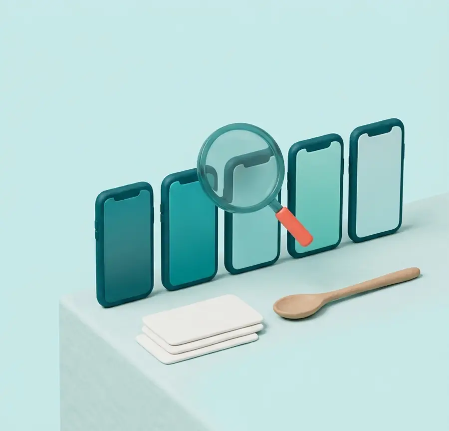 Illustration : cinq smartphones alignés examinés à la loupe, à côté de fiches recettes et d'une cuillère en bois