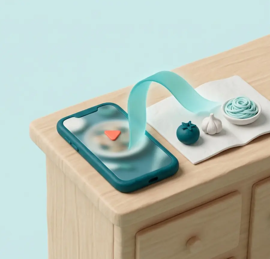 Illustration : un smartphone posé sur un plan de travail, une vidéo de recette se transforme en fiche papier avec tomate, ail et bol de pâtes